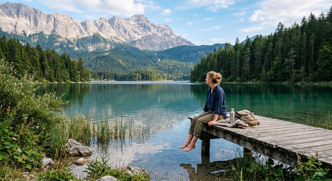 Holzsteg am klaren Bergsee mit Blick auf das Gebirgsmassiv und Wald