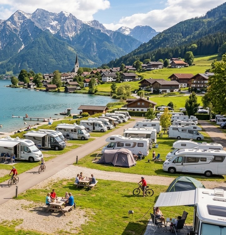 Campingplatz am See mit Wohnmobilen, Zelten und Bergpanorama