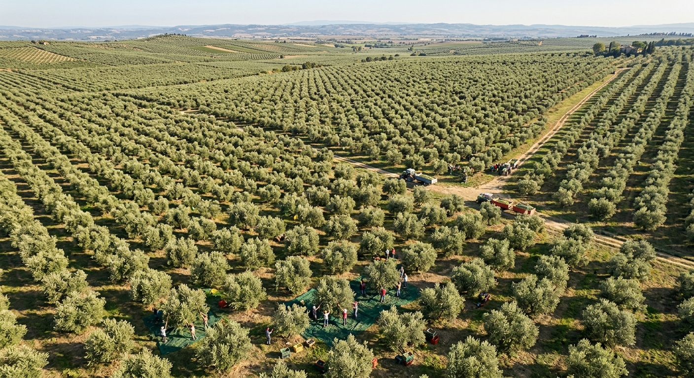 Luftaufnahme eines weitläufigen Olivenhains zur Erntezeit mit Traktoren und Erntehelfern