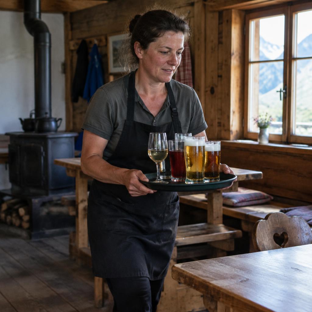 Bedienung mittleren Alters mit Tabletts mit Getränken in einer rustikalen Berghütte