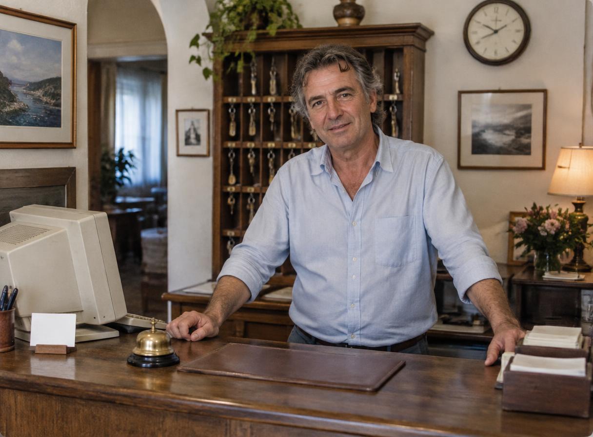 Hotelier Mitte 50 an der Rezeption eines kleinen Boutique-Hotels